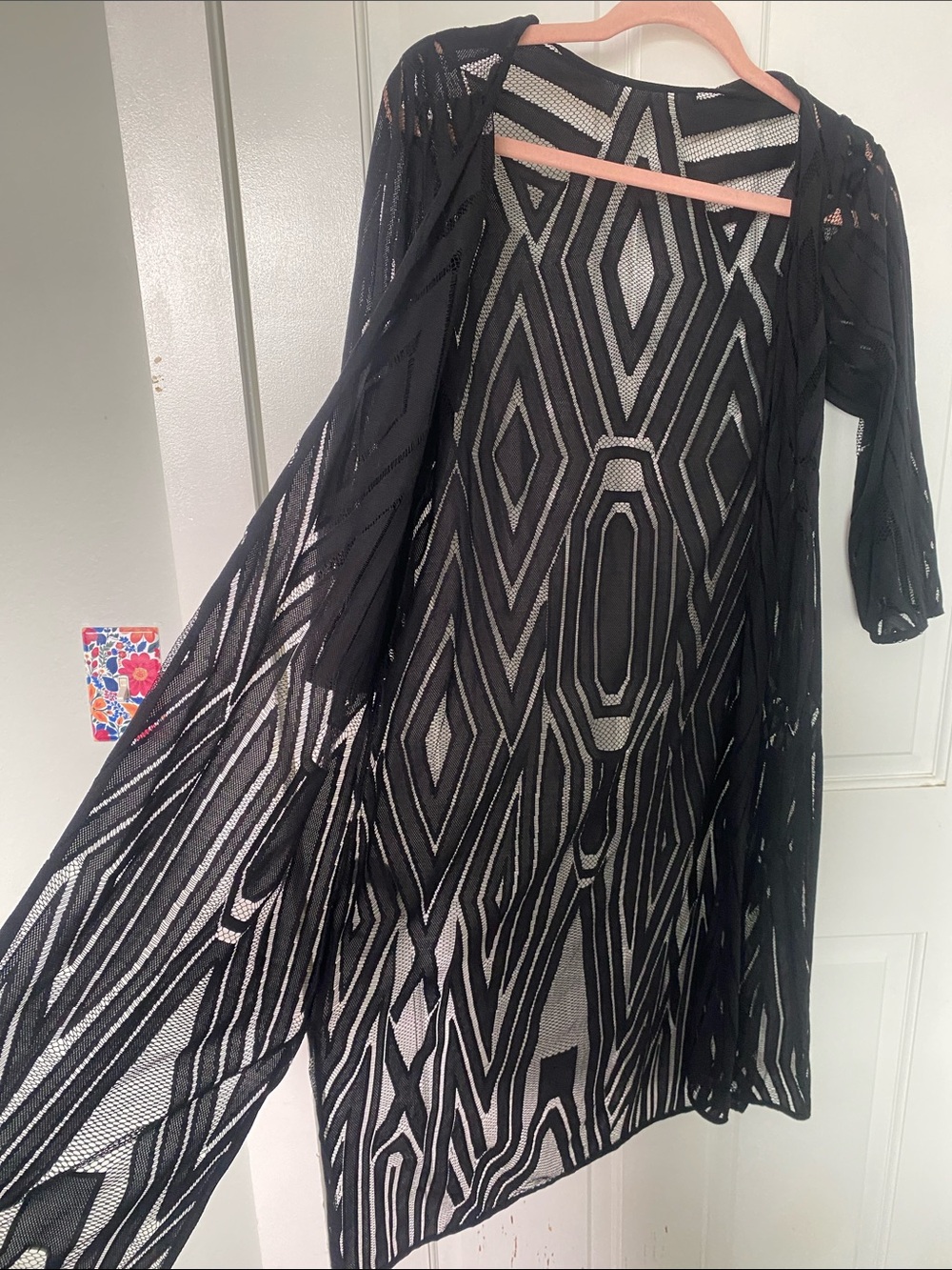 Black Sheer Long-Sleeve Geometric Cover Up - Picture 2 of 3